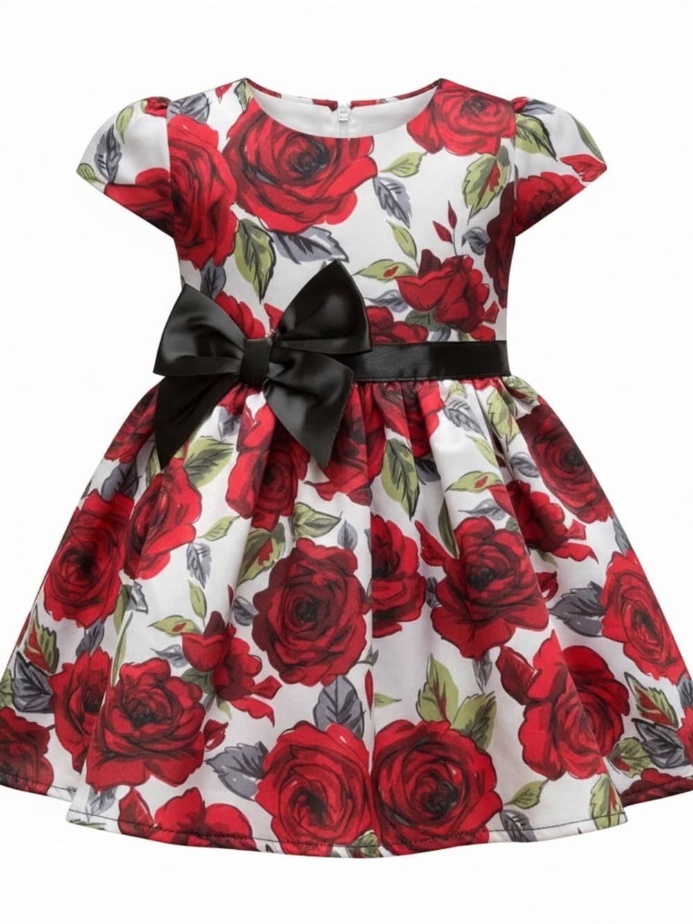 FAO Schwarz Red Rose Print Party Dress with Black Bow